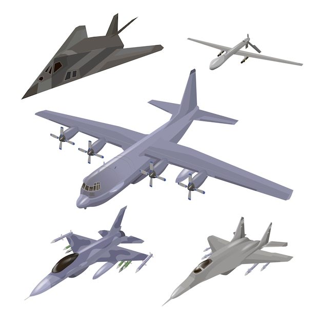 Military aircraft set. Fighter jet, F-117 Nighthawk, interceptor, cargo airplane, spy drone  illustrations set isolated.