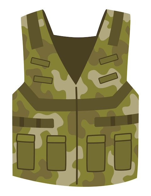 Military clothes equipment for soldier Woodland camouflage style isolated icon Isolated waistcoat Flat cartoon vector illustration