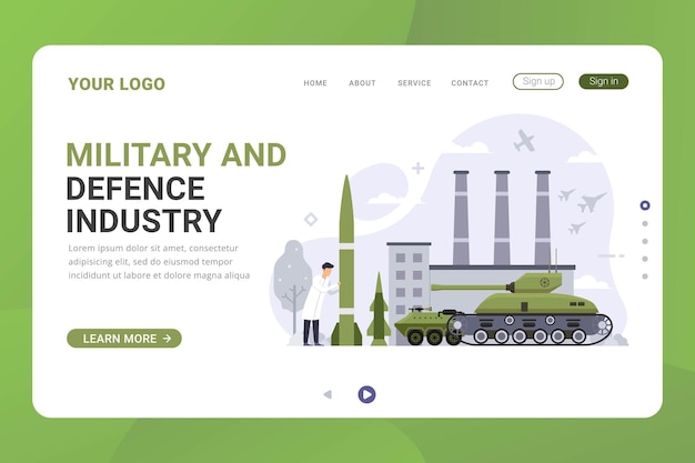 Military and defence landing page template vector illustration