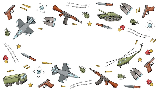 Military doodle color icons Vector illustration of a set of military equipment army items