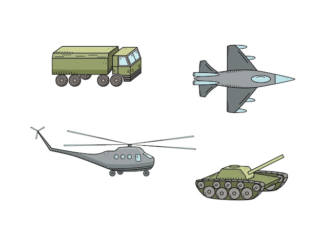 Military doodle color icons Vector illustration of a set of war transport and aviation