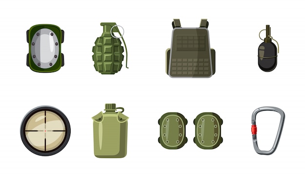 Military equipment elements set. Cartoon set of military equipment