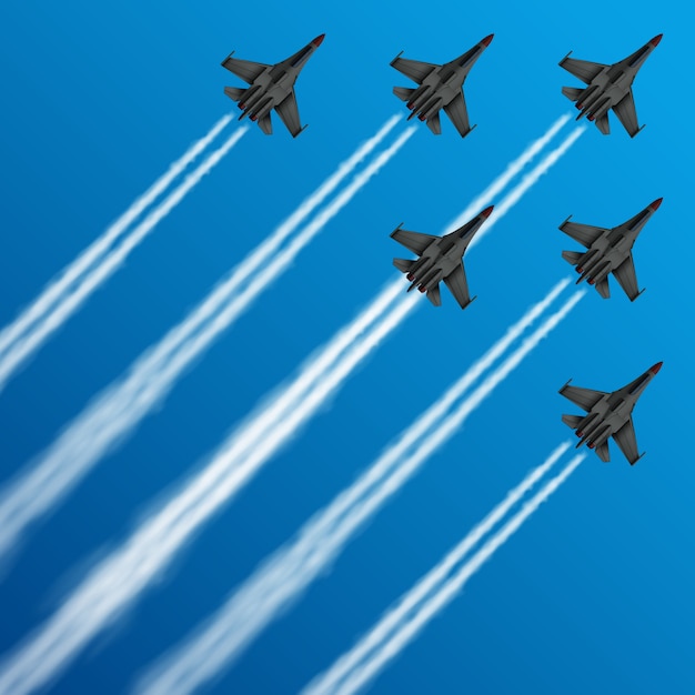 Military fighter jets with condensation trails in sky 