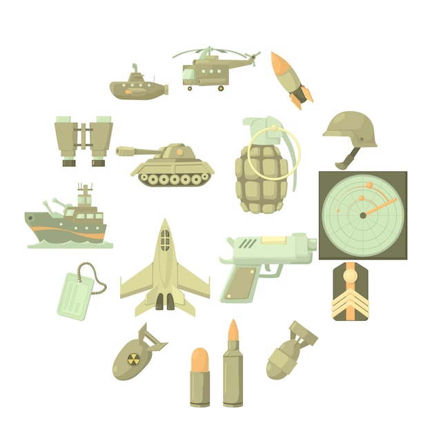 Military icon set, cartoon style