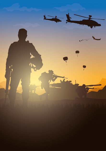 Military illustration, Army background, soldiers silhouettes.