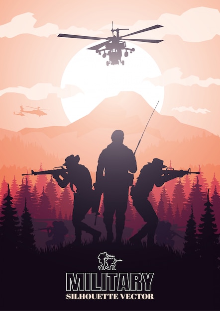 Military illustration, Army background, soldiers silhouettes.