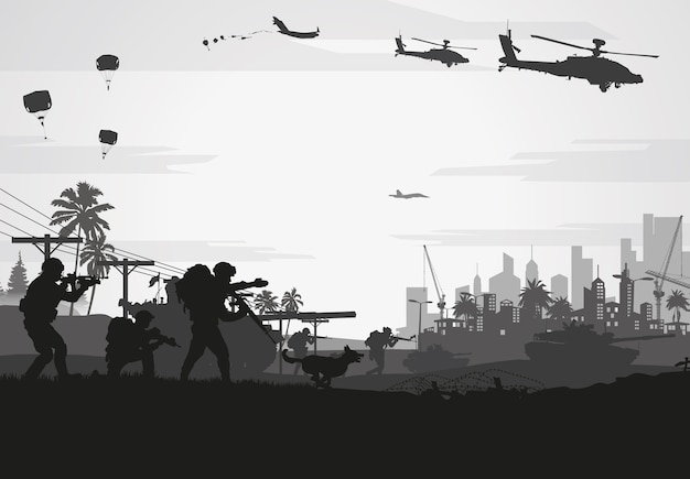 Military  illustration, Army background, soldiers silhouettes.