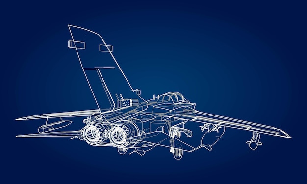 Military jet fighter silhouettes. Image of aircraft in contour drawing lines. The internal structure of the aircraft.