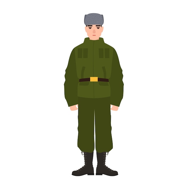 Military man of Russian armed force wearing army uniform and fur hat. Soldier or infantryman isolated on white background. Male cartoon character. Colorful vector illustration in flat cartoon style.