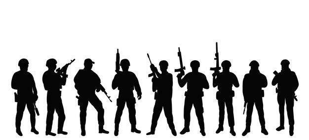 military set soldiers with weapons silhouette set on white background vector