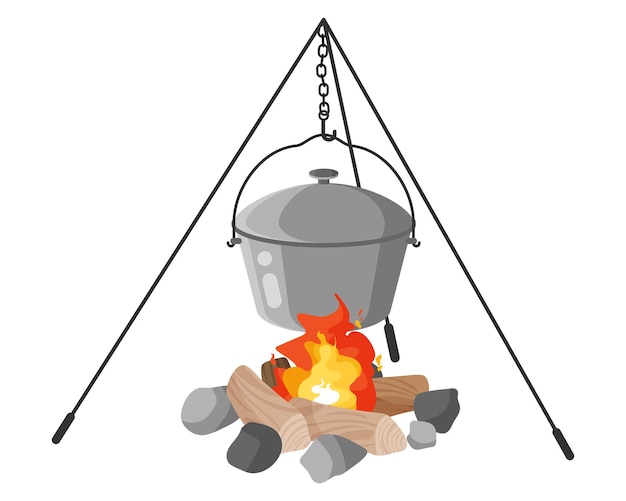 Military soldier metal camping pot or mess kit on fire with tripod for cooking. Touristic equipment for camping and tourism. Military concept for army and war. Vector cartoon isolated illustration.