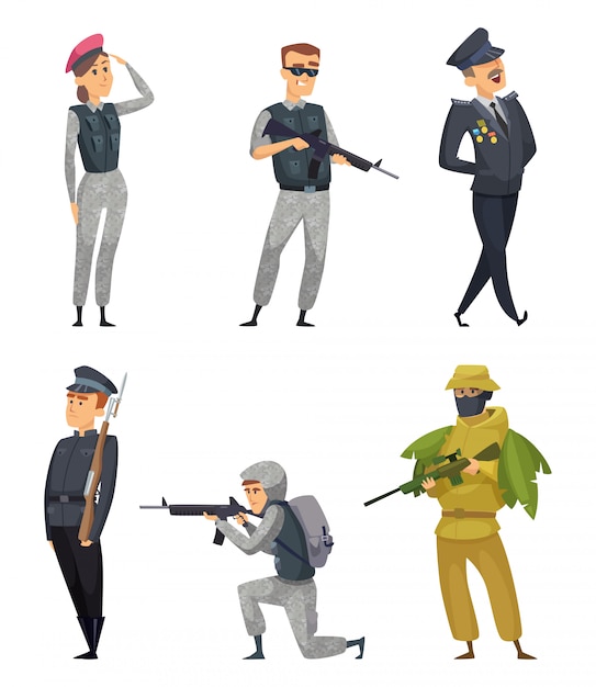 Military soldiers with various weapons. Vector characters