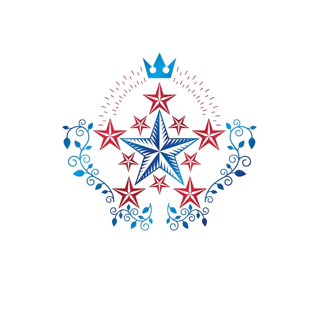 Military Star emblem created with royal crown and floral ornament. Heraldic vector design element, 5 stars guaranty insignia.  Retro style label, heraldry logo.