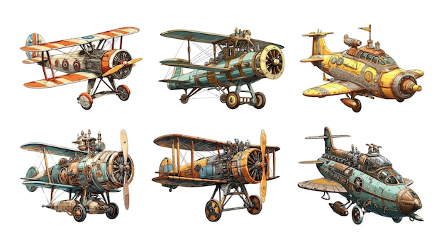 Military steampunk airplanes colour cartoon sketch Vintage aircraft set vector illustration retro steam punk planes ships in sketchy style on white background