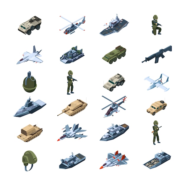 Military transport. Army gadget armor uniform weapons guns tanks grenades security tools isometric