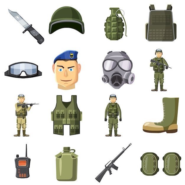 Military weapon icons set, cartoon style