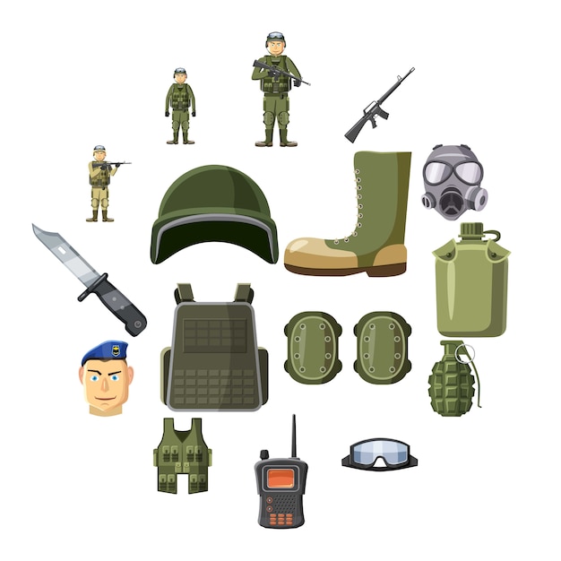 Military weapon icons set, cartoon style