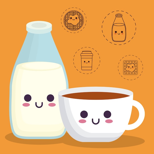 milk bottle and coffee mug with breakfast food related icons