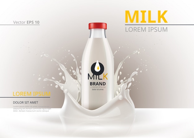 Milk bottle package mock up Realistic Vector. Liquid splash background