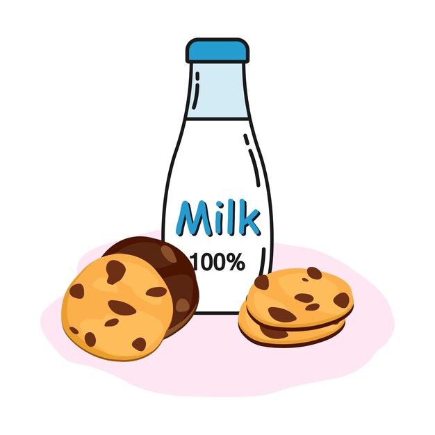 Vector milk bottle with chocolate chip cookies delicious breakfast concept in cartoon style