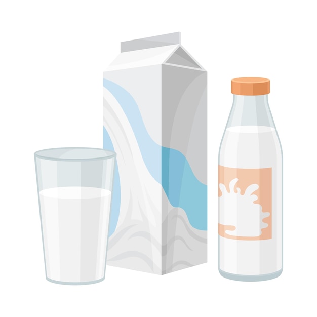 Milk in Carton and Bottle with Glass Standing Beside It Vector Dairy Product Composition