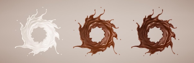 Vector milk and chocolate splashes milkshake and melted brown choco realistic vector illustration