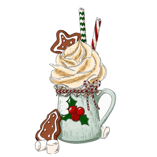 Milk cocktail in a jug with a cap of cream and ginger cookies Illustration for postcards