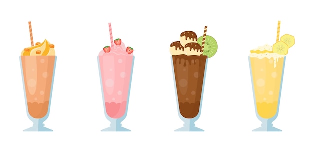 Milk cocktails set. Soft drinks. Cartoon style