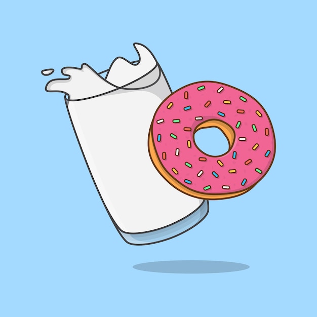 Milk And Donut Cartoon Vector Illustration Donut With Milk Flat Icon Outline