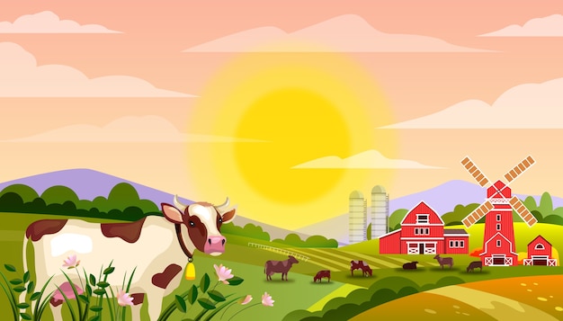 Milk farm  landscape with bull, green fields, cows, big rising sun, grass, mill