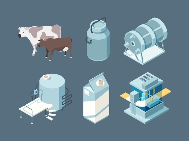 Milk farm products production ice cream cheese yogurt isometric set.