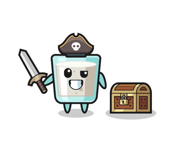 The milk pirate character holding sword beside a treasure box