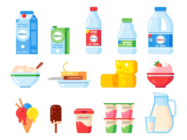 Milk products. Healthy diet yogurt, ice cream and milk cheese. Fresh dairy product isolated flat icons collection