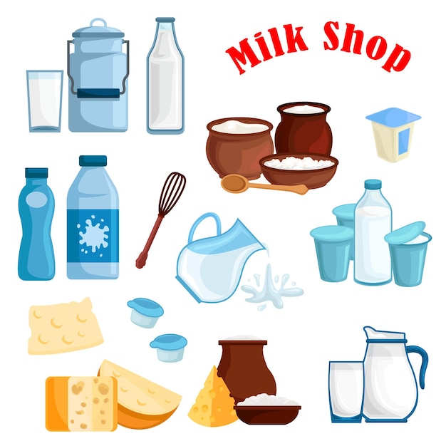 Milk shop and dairy products vector isolated icons