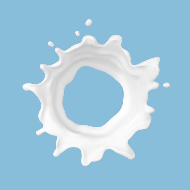 Milk splash isolated on blue background Natural dairy product yogurt or cream splash with flying drops Realistic Vector illustration