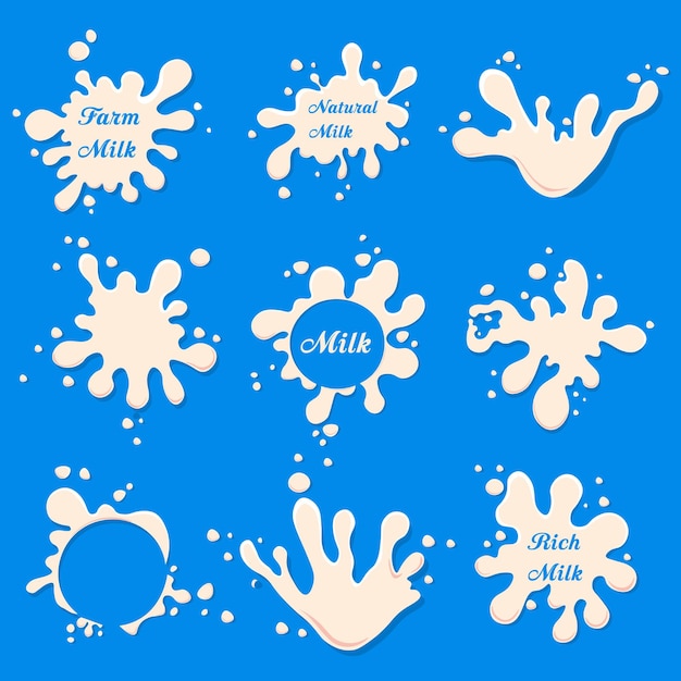 Milk splash labels set isolated on blue