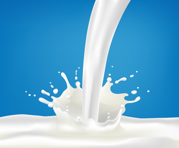 Milk splash and pouring, white splatter on blue background, Realistic healthy drink yogurt or cream motion.  