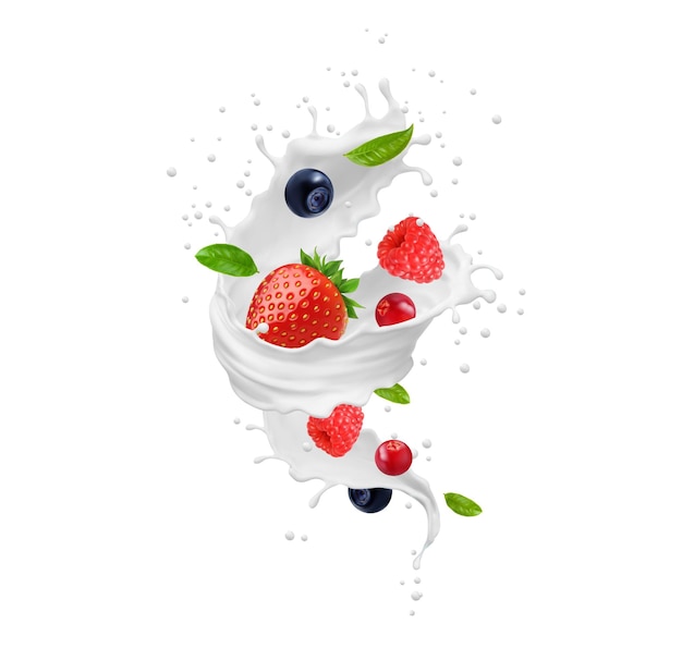 Milk swirl or tornado wave splash with berries fruit yogurt or milk cream drink realistic vector Strawberry raspberry blueberry and cranberry berries in milk swirl tornado in splash background