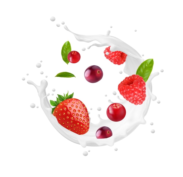 Milk swirl wave splash with raspberry strawberry and cranberry berries Milky beverage natural dairy product vector splatters frozen motion Yogurt splash fizz or falling drip with summer berries