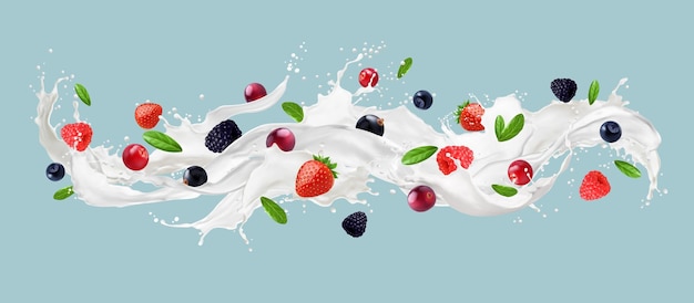 Milk wave splash with fresh berries and fruits