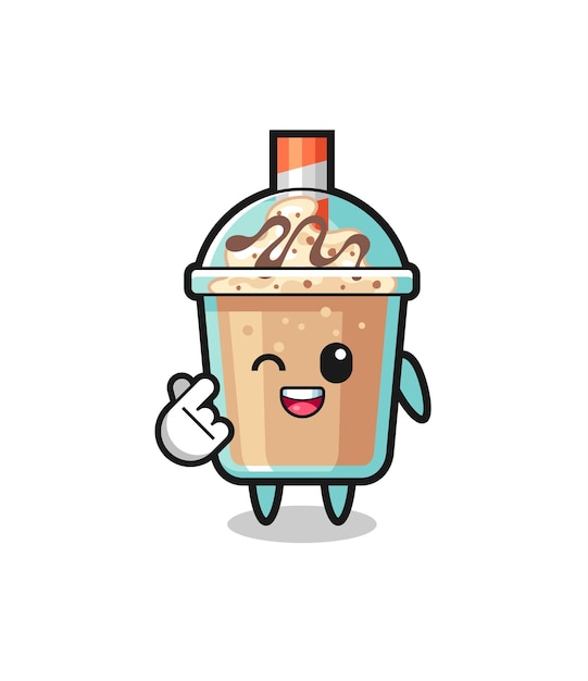 Milkshake character doing Korean finger heart