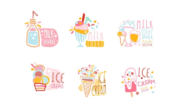 Milkshake and IceCream Labels Original Design Vector Set