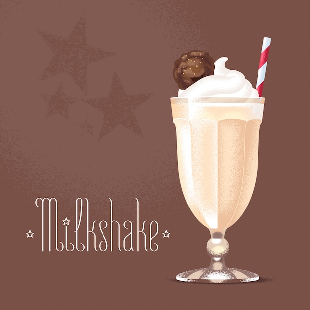 Milkshake illustration, design element. Isolated cartoon glass and straw with chocolate, caramel milk shake and ice cream