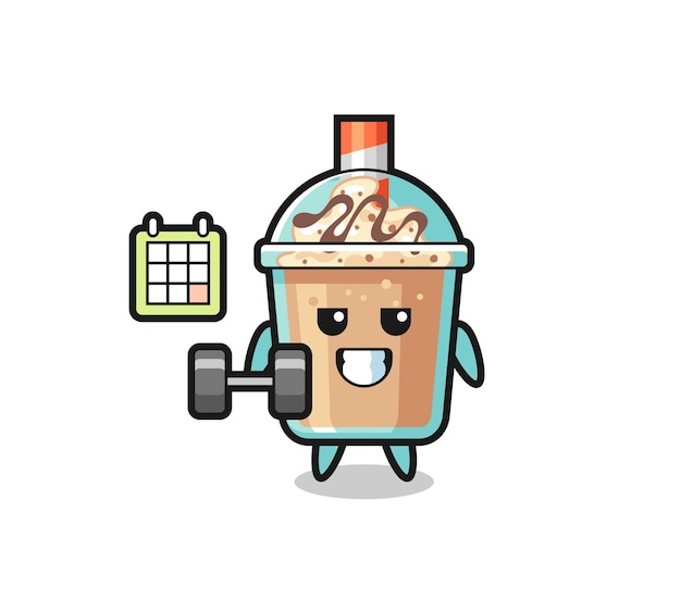 Milkshake mascot cartoon doing fitness with dumbbell milkshake character cartoon with shocked gesture , cute style design for t shirt, sticker, logo element