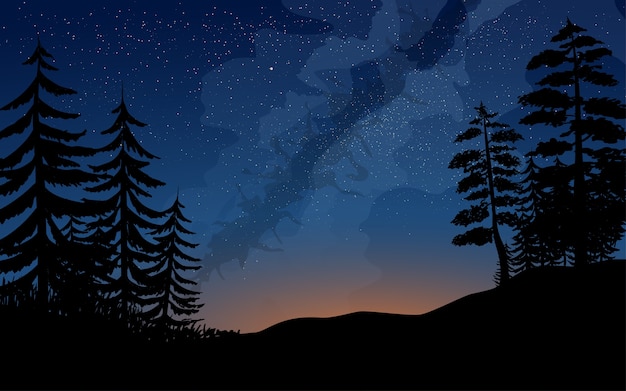 Milky way illustration with pine forest