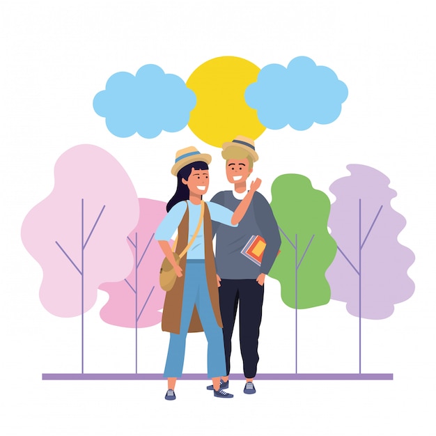 Millennial couple date nature illustration