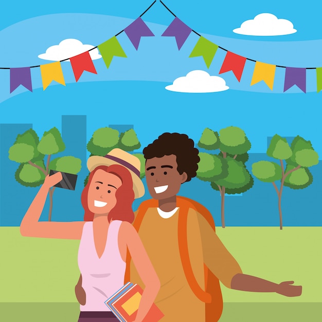 Millennial couple outdoors park illustration