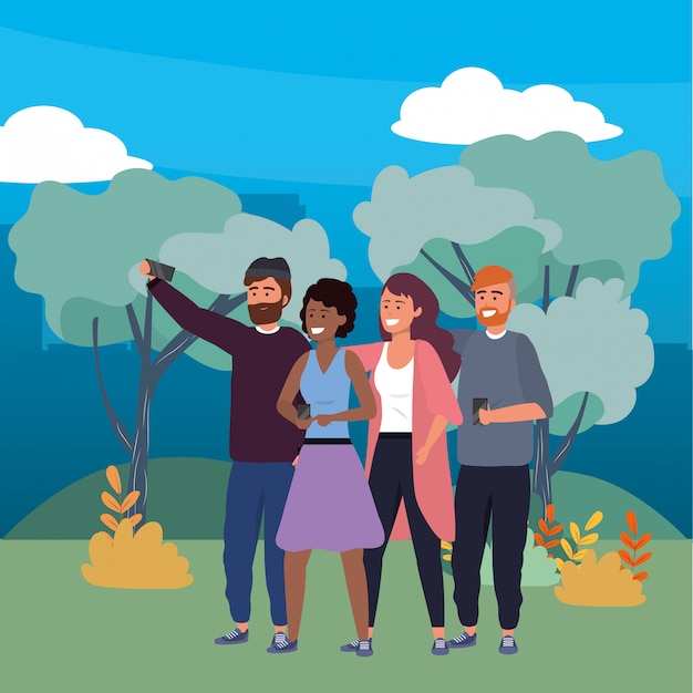 Millennial group taking selfie nature