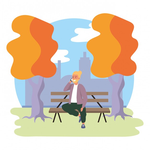 Vector millennial sitting on park bench outdoors