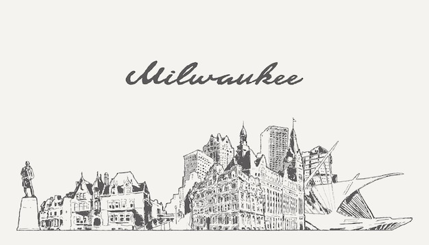 Milwaukee skyline, Wisconsin, USA, hand drawn vector illustration, sketch